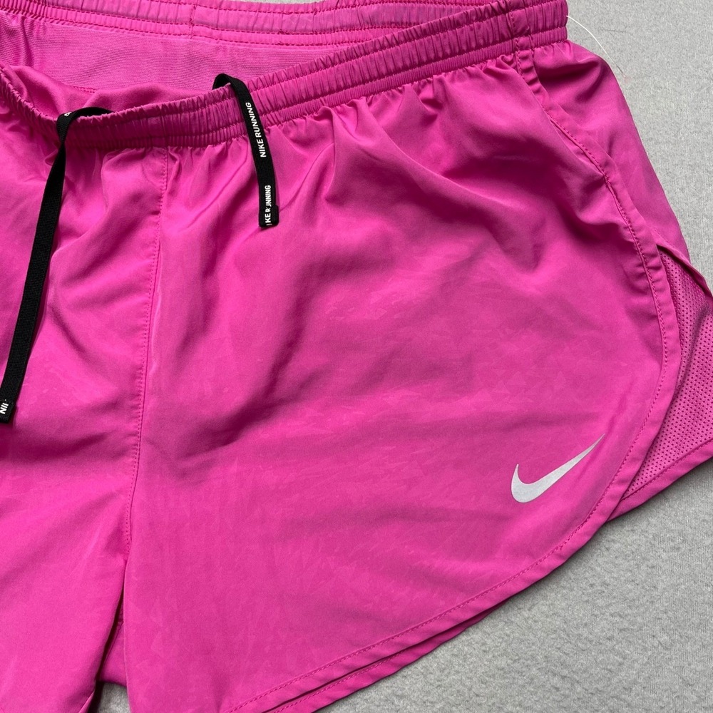 Nike Dri-FIT Running Shorts Womens Large Pink Reflective Swoosh Zip Pocket Mesh